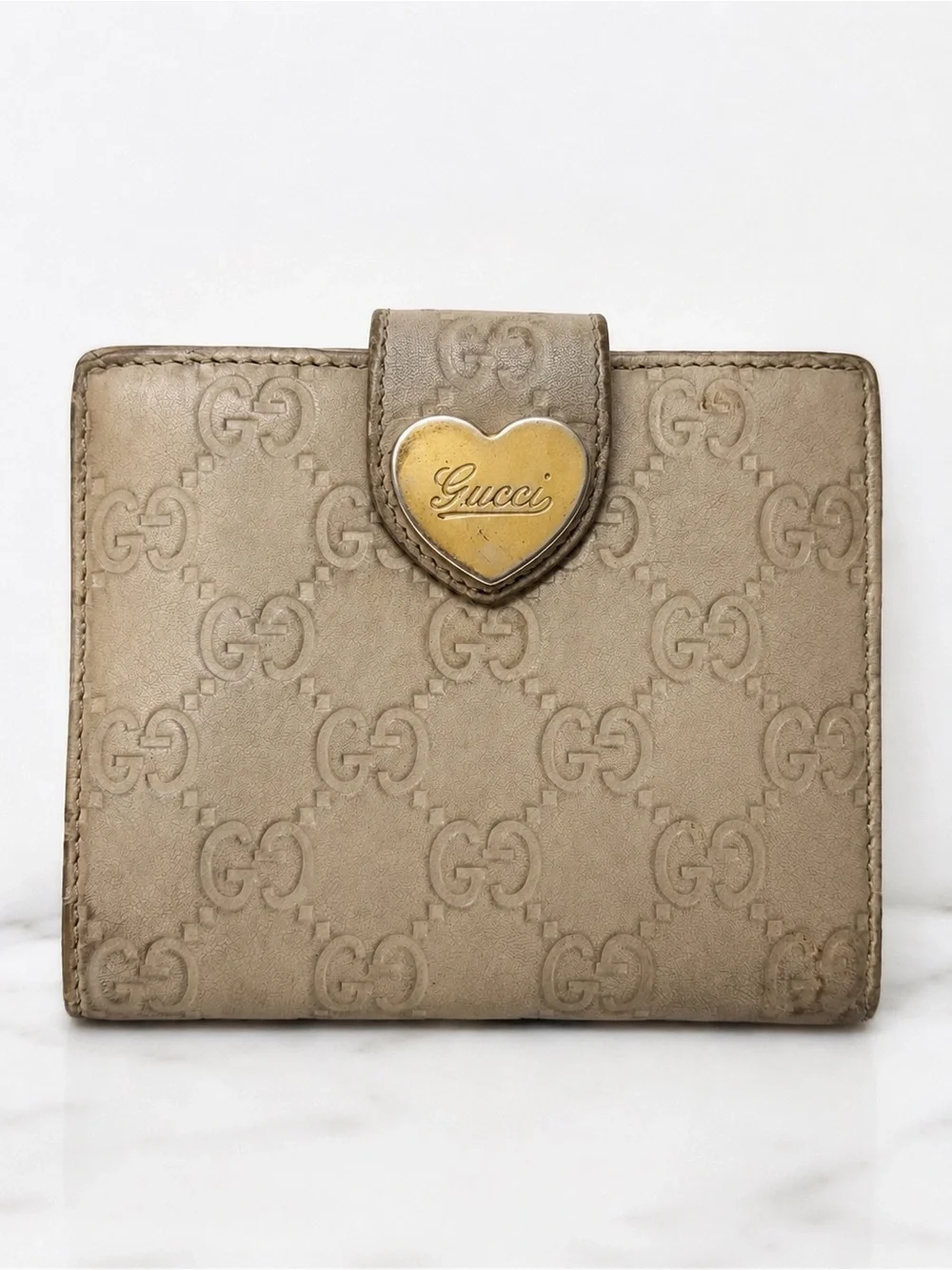 Vintage Gucci GG Monogram Heart Logo Leather Bifold Wallet Beige - Picture 1 of 8